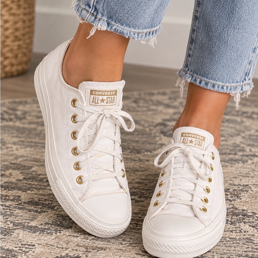 Converse All Star Women's Low-Top Sneakers in White with Gold Eyelets